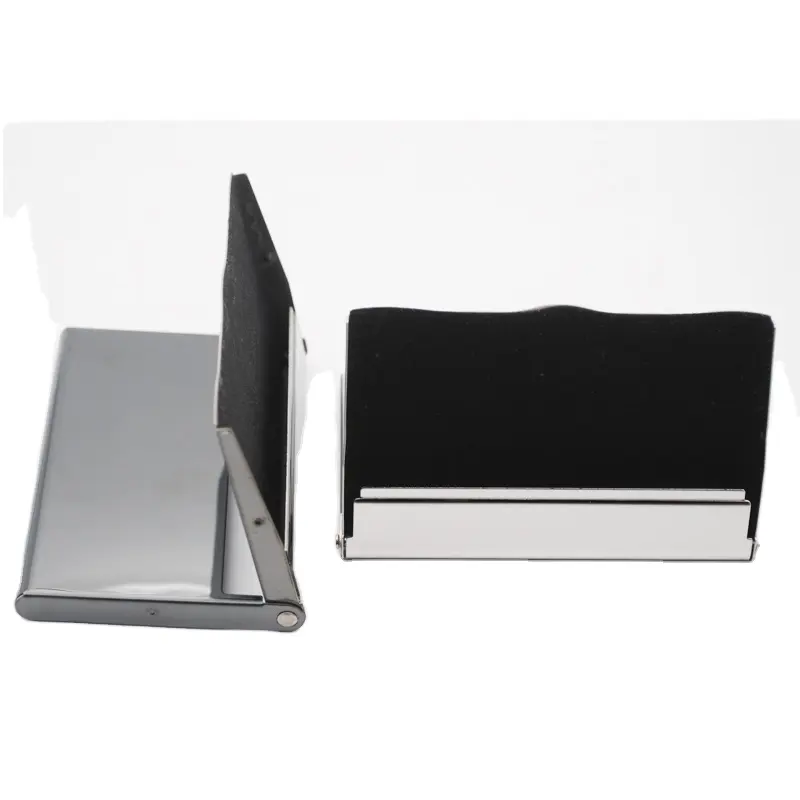 Free Laser Logo Wholesale High Quality Black Silver Mirror Finished Standing Pocket Metal Business Card Holder for men gift