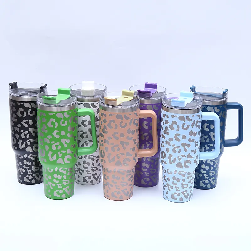 OEM/ODM Stainless steel vacuum double layer 40oz full cow print tumbler sparkly with handle adventure quencher
