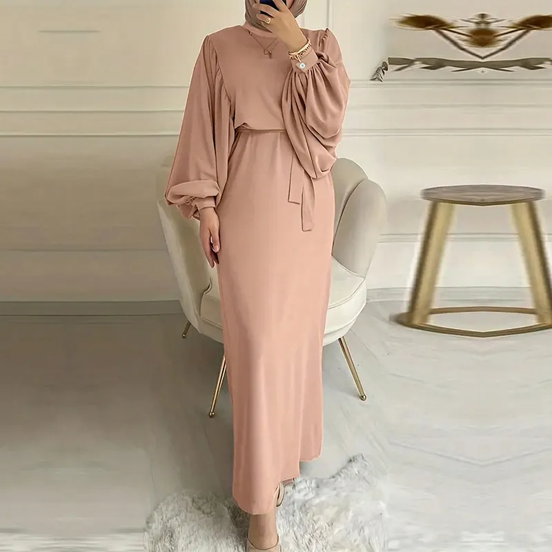 Moda árabe abaya vestidos Maxi modestos 2024 mujeres musulmanas Rosa linterna manga cinturón Maxi vestido