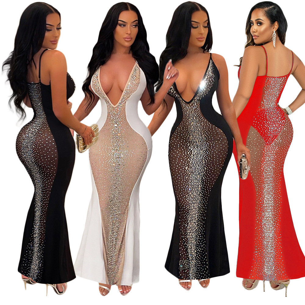 New Style Fashion Sexy See-Through Rhinestone Elegant Mermaid Gown Sleeveless Ladies Temperament Halter Maxi Evening Dress