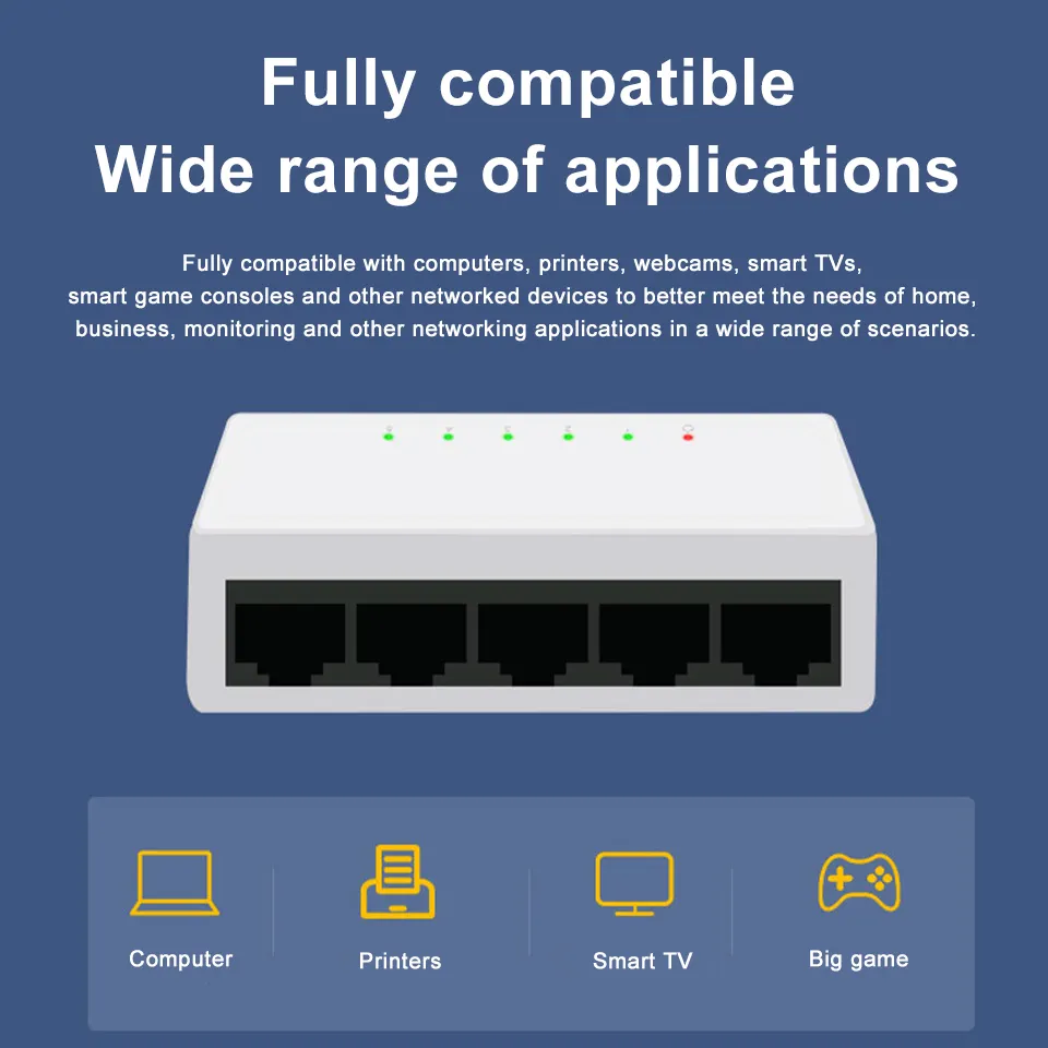 RJ45 5 porte Portas Mini Switch di rete 100Mbps Ethernet Smart Switcher ad alte prestazioni con adattatore di alimentazione ue