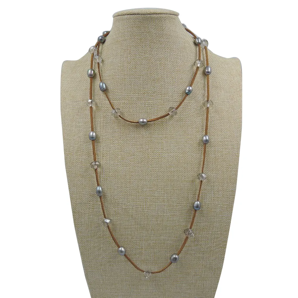 Collar de perlas de 120 CM de largo, Perla de agua dulce 100% NATURAL y cristal, cadena de cuerda de cuero de terciopelo