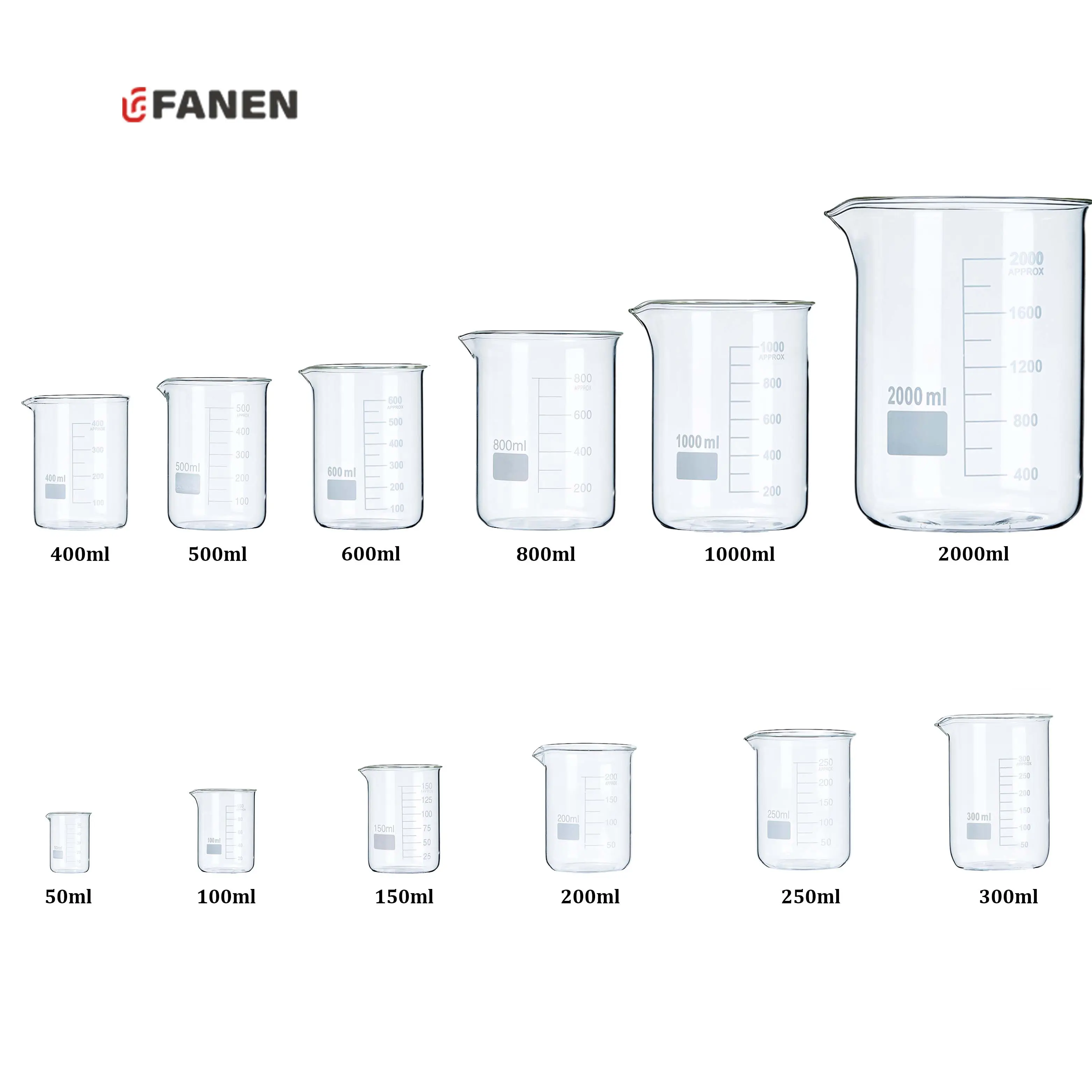 Fanen Laboratorio uso forma baja 200ml Boro 3,3 vaso graduado de vidrio