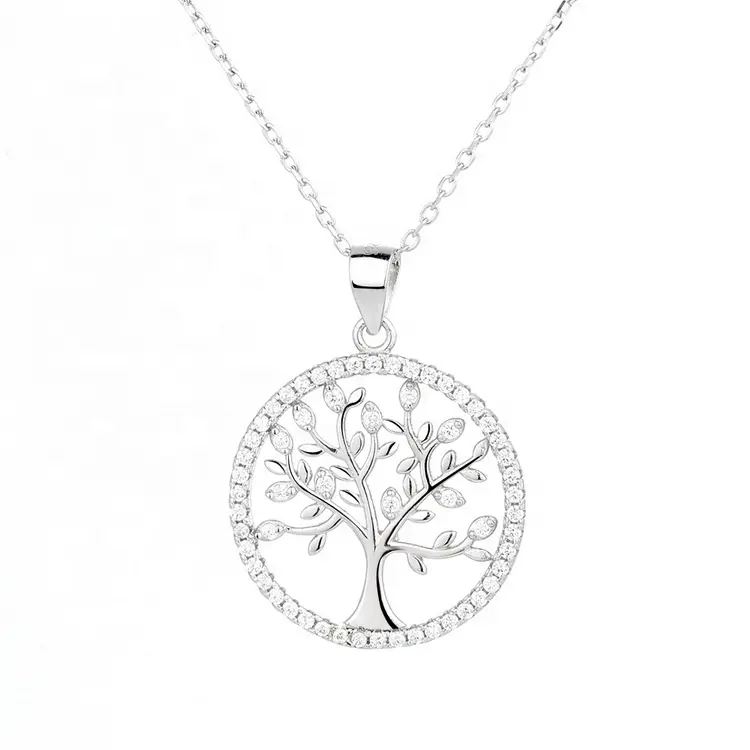 Commercio all'ingrosso Dei Monili 925 Sterling Silver CZ di Figura Rotonda Albero della Vita Collana