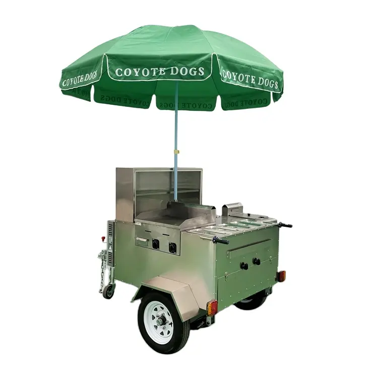 Carrito de hot dog barato carritos de comida soporte de remolque de coche bicicleta para la venta Canadá paraguas móvil con parrilla y freidora