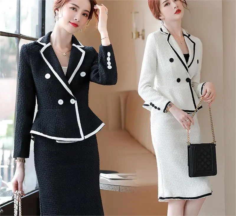 Conjunto de chaqueta de tweed para mujer, traje elegante con falda de lana blanca de alta calidad de Oficina, venta al por mayor
