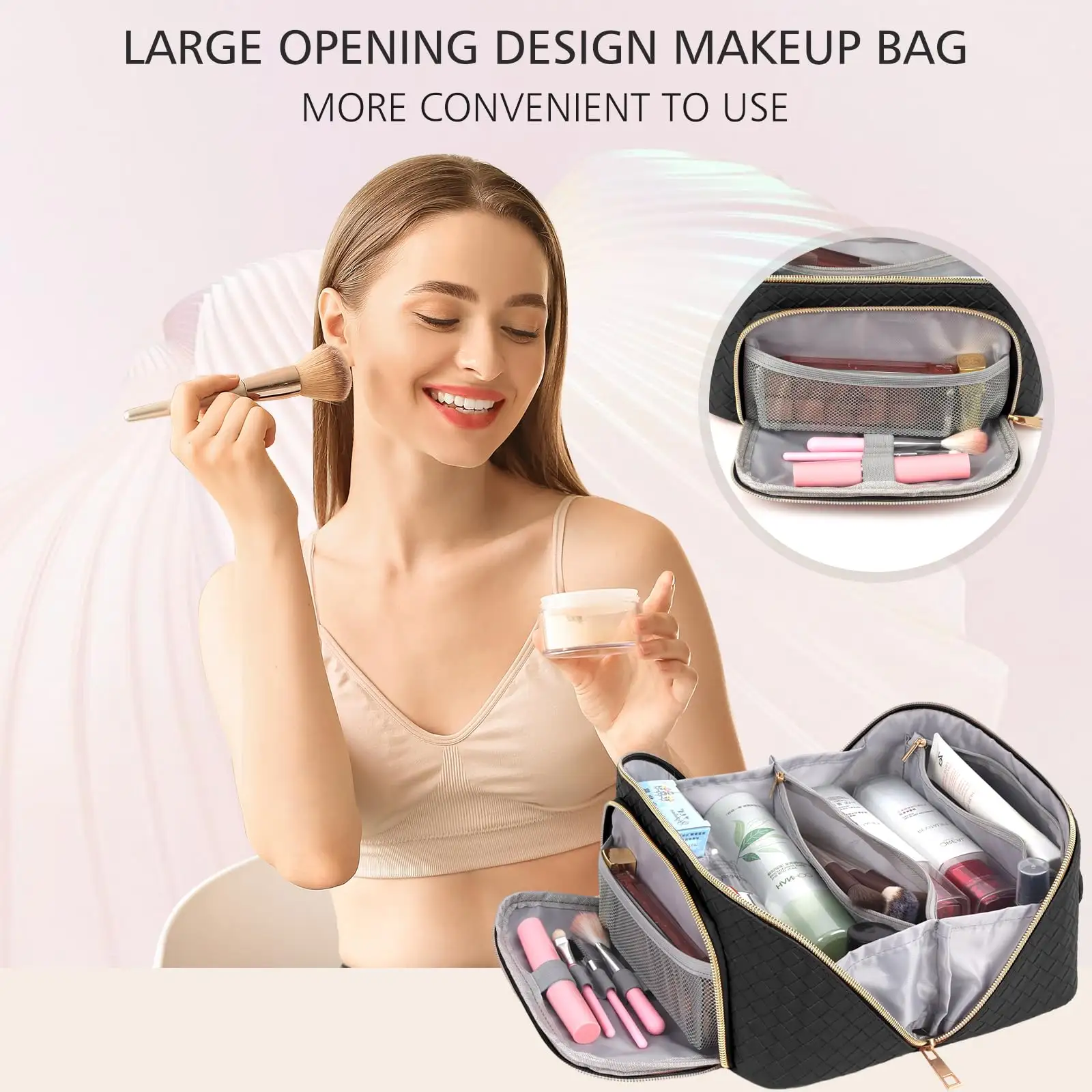 Kunden spezifische tragbare Reise-Make-up-Tasche Große Leder-Kosmetik tasche mit Riemen Flat Lay Öffnung Wasserdicht Anti-Staub für Frauen