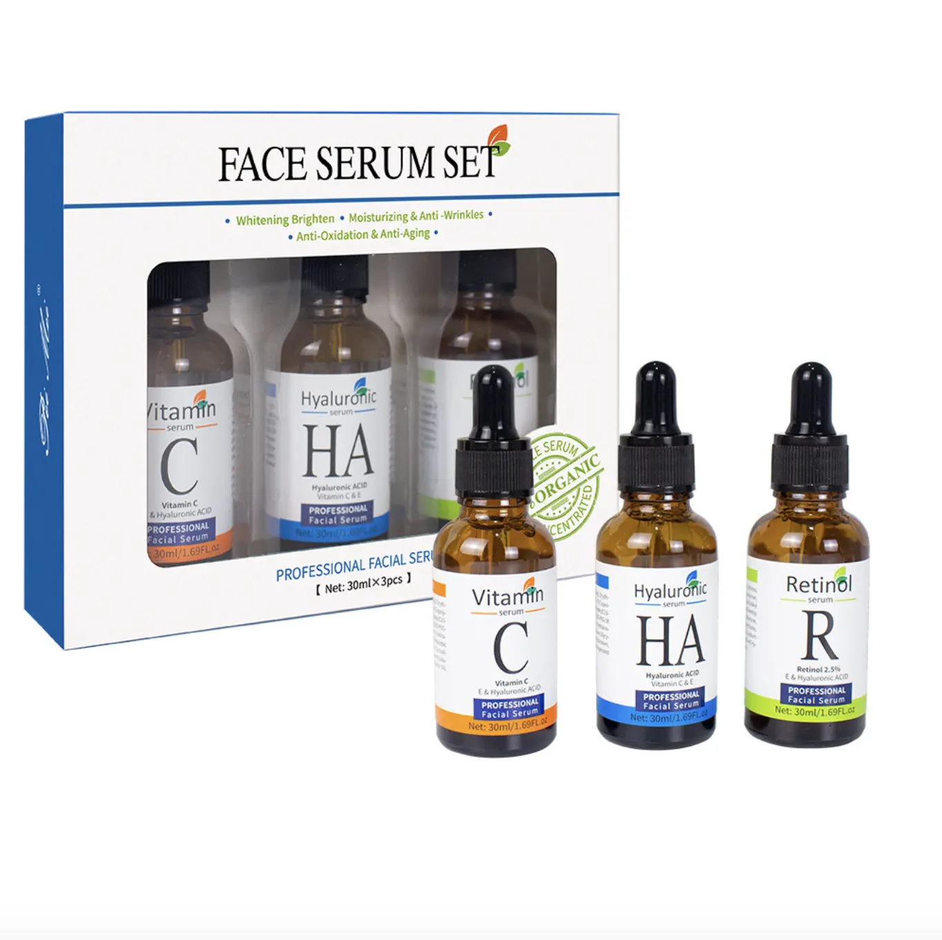 OEM-Produkte White ning Face Serum Set mit 3x30ml Kit Vitamin C Brighten Hyaluron säure Serum für Face Retinol Anti-Aging Serum