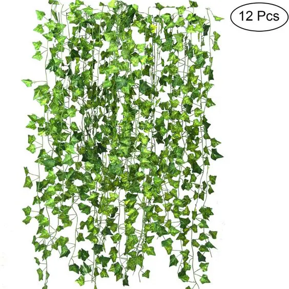 Tela de rattan verde de parede com tiras longas de folhas verdes, garlandas de plantas artificiais para decoração de teto, pacote com 12 unidades