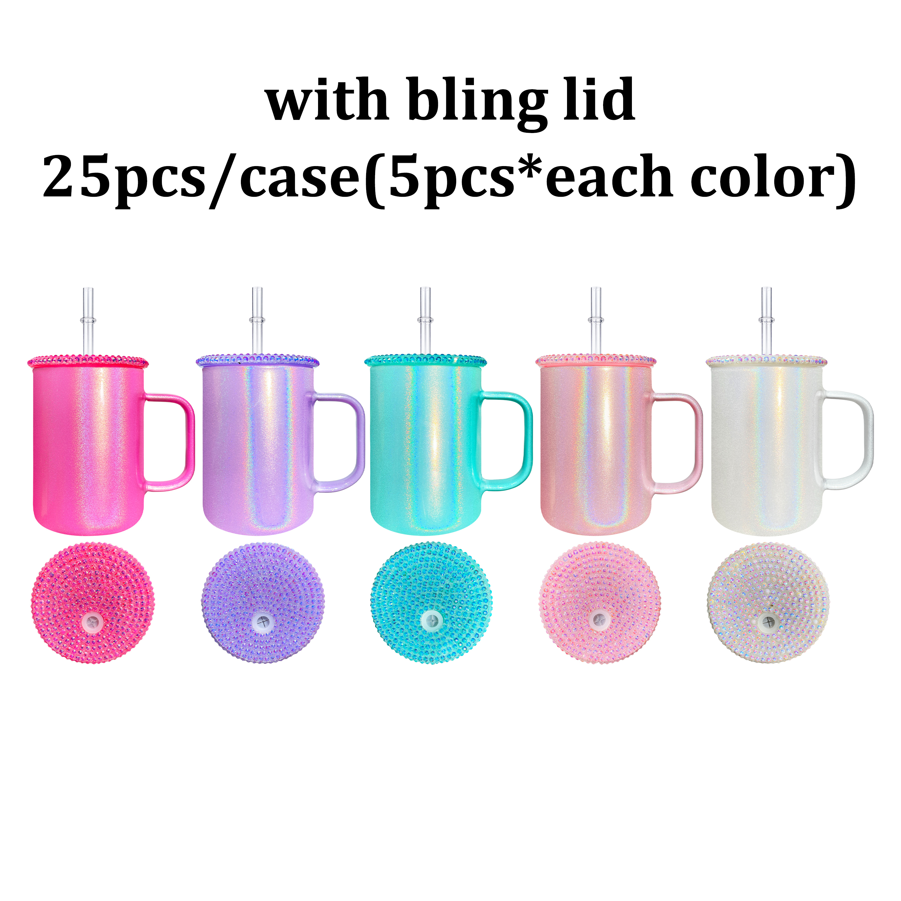 Tasses scintillantes mélangées de 500 ml (17 oz) avec couvercles à strass en PP
