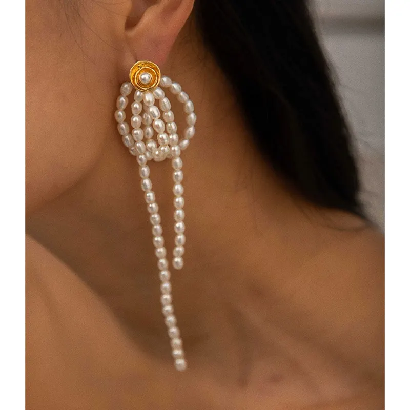 Pendientes de perlas naturales de agua dulce para mujer, aretes largos de flores con borlas, de lujo francés, joyería Vintage, 2 tamaños, novedad de 2022
