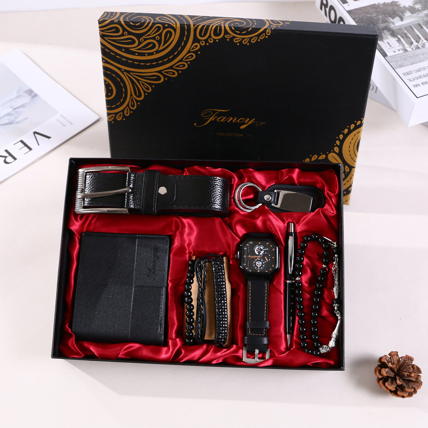 Ensemble noir 8 pièces : montre, portefeuille, ceinture, bracelet, porte-clés, rosa