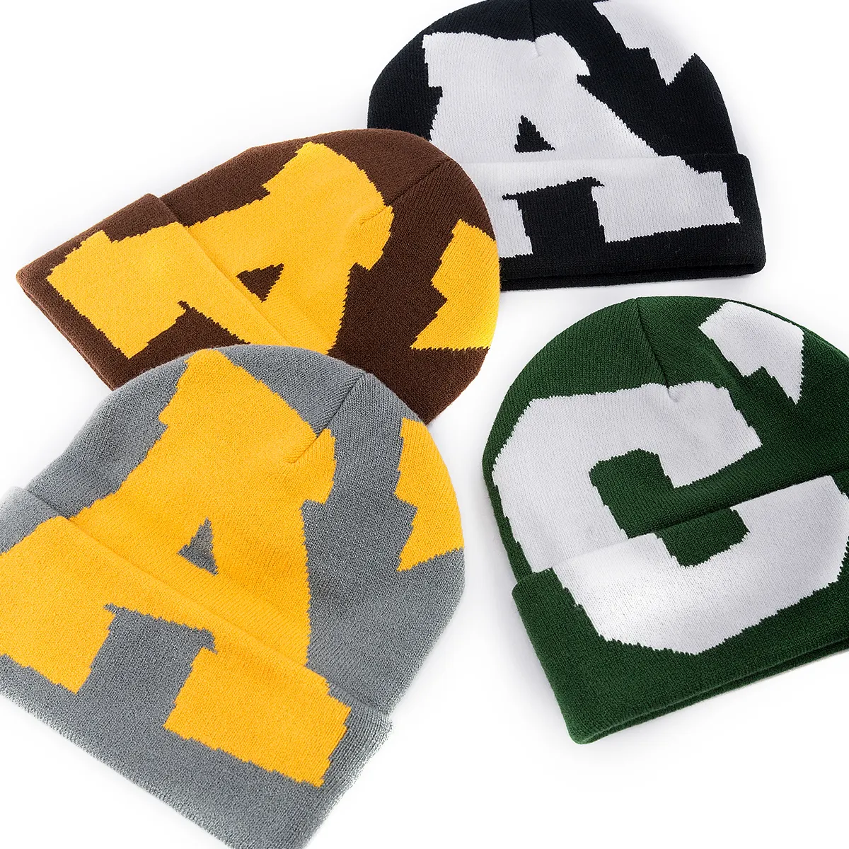 Bonnet d'hiver unisexe en tricot imprimé jacquard chaud pour femme et homme bonnet acrylique à revers grand logo personnalisé