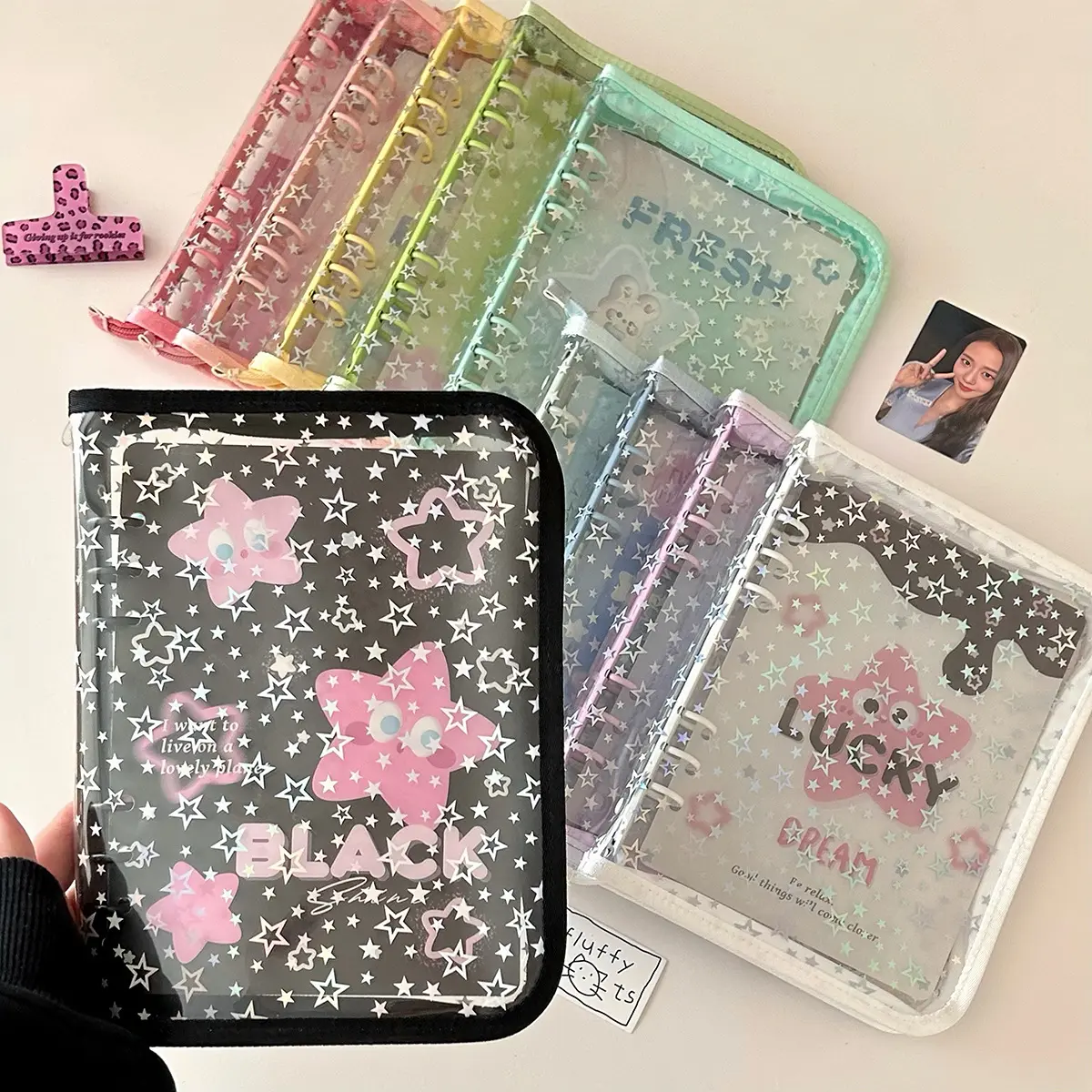 A5 Laser Star Cover Photo Album With Zipper Cute Cartoon Stars PVC Transparent Album High Quality Flash Design Photocards Book