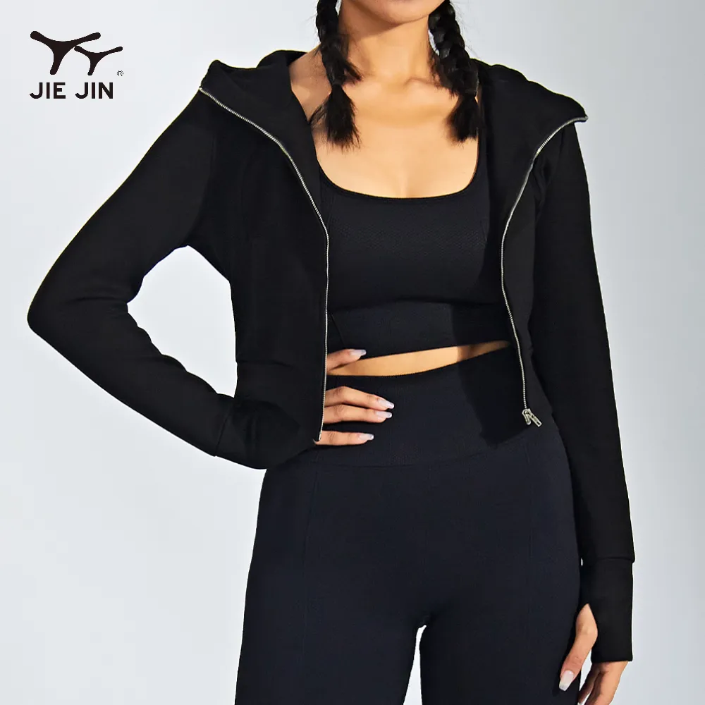 Vêtements de sport personnalisés JIEJIN veste de sport à manches longues pour entraînement Jogging vêtements de fitness pour femmes survêtement à capuche