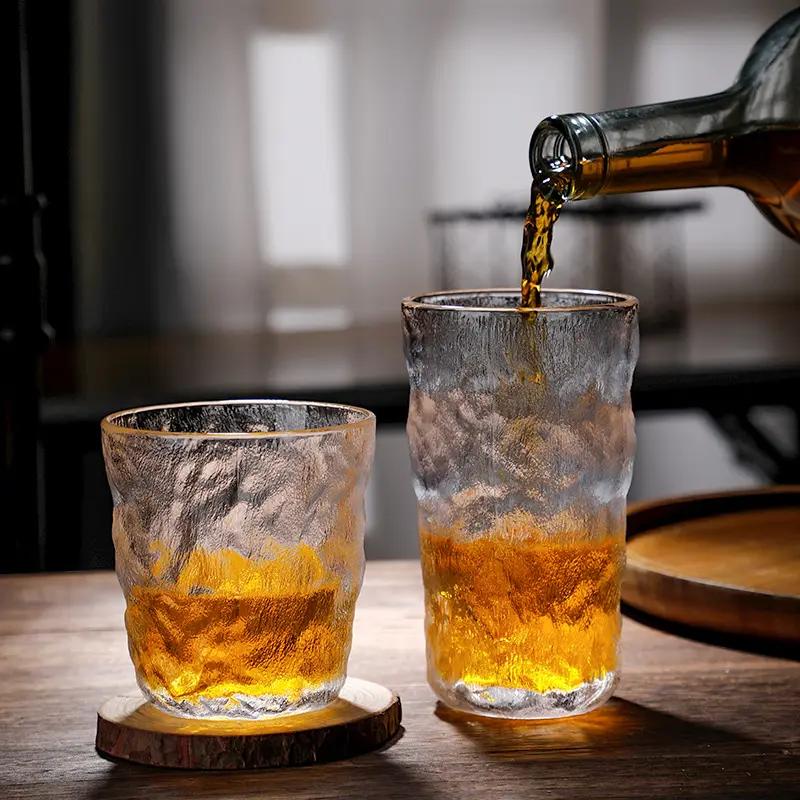 Taza de cristal, martillada taza de té, patrón de árbol japonés, taza de té transparente simple, vaso de iceberg