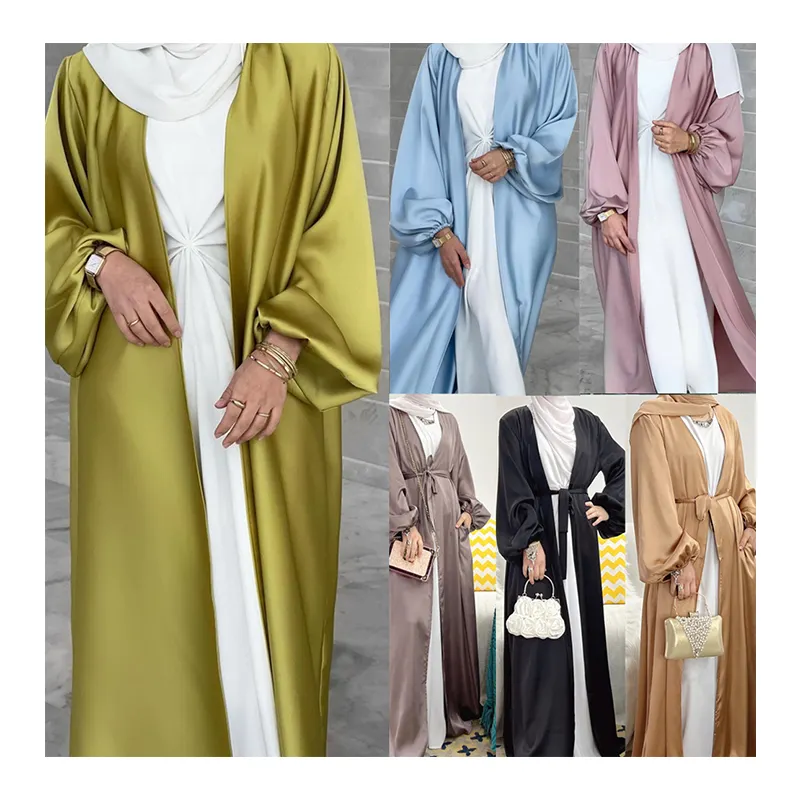 Alta calidad de lujo satén frente abierto Abaya ropa islámica mujeres modernas Abaya vestido para musulmanes