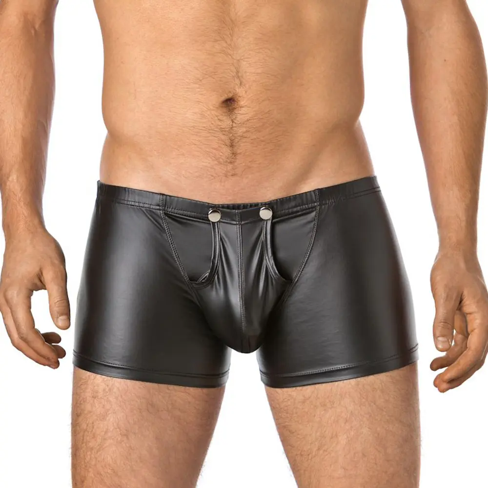 2023 nouveau Sexy hommes sous-vêtements de haute qualité Imitation cuir Logo personnalisé tissu noir fête serré boxeurs pour hommes Shorts