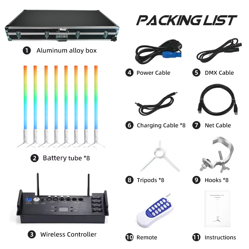 8 White battery tubes with flight case