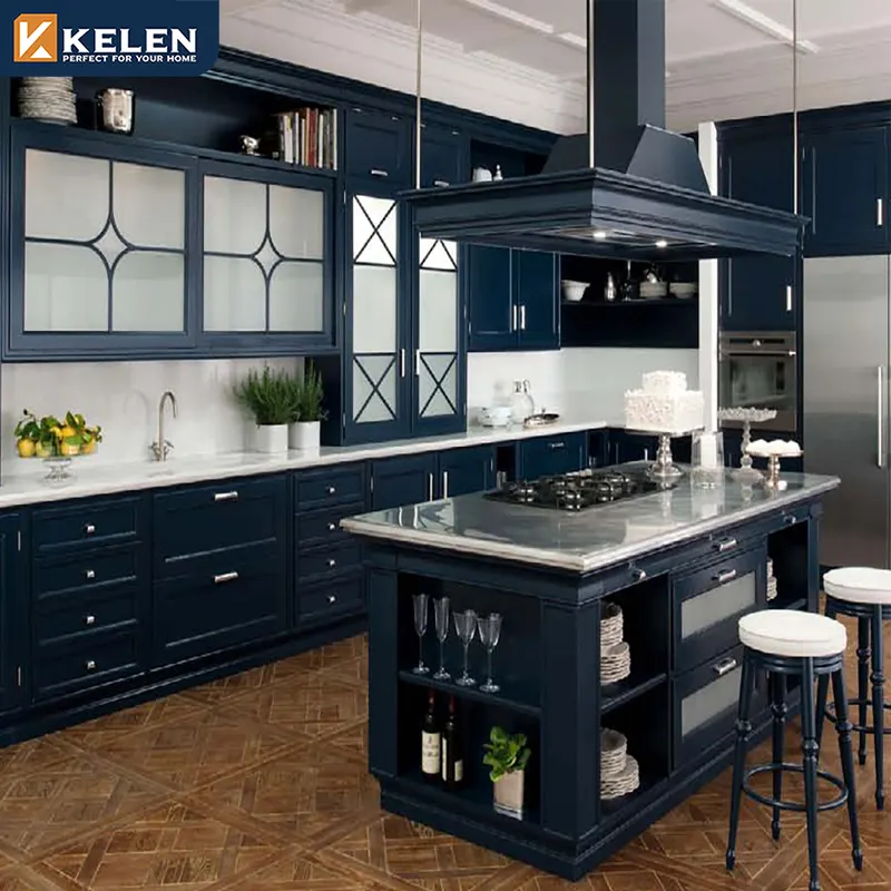 Mueble de cocina Kelen 2024, diseño de lujo lacado azul, coctelera de puerta, muebles de madera de pino, cabina de cocina de palisandro de madera maciza
