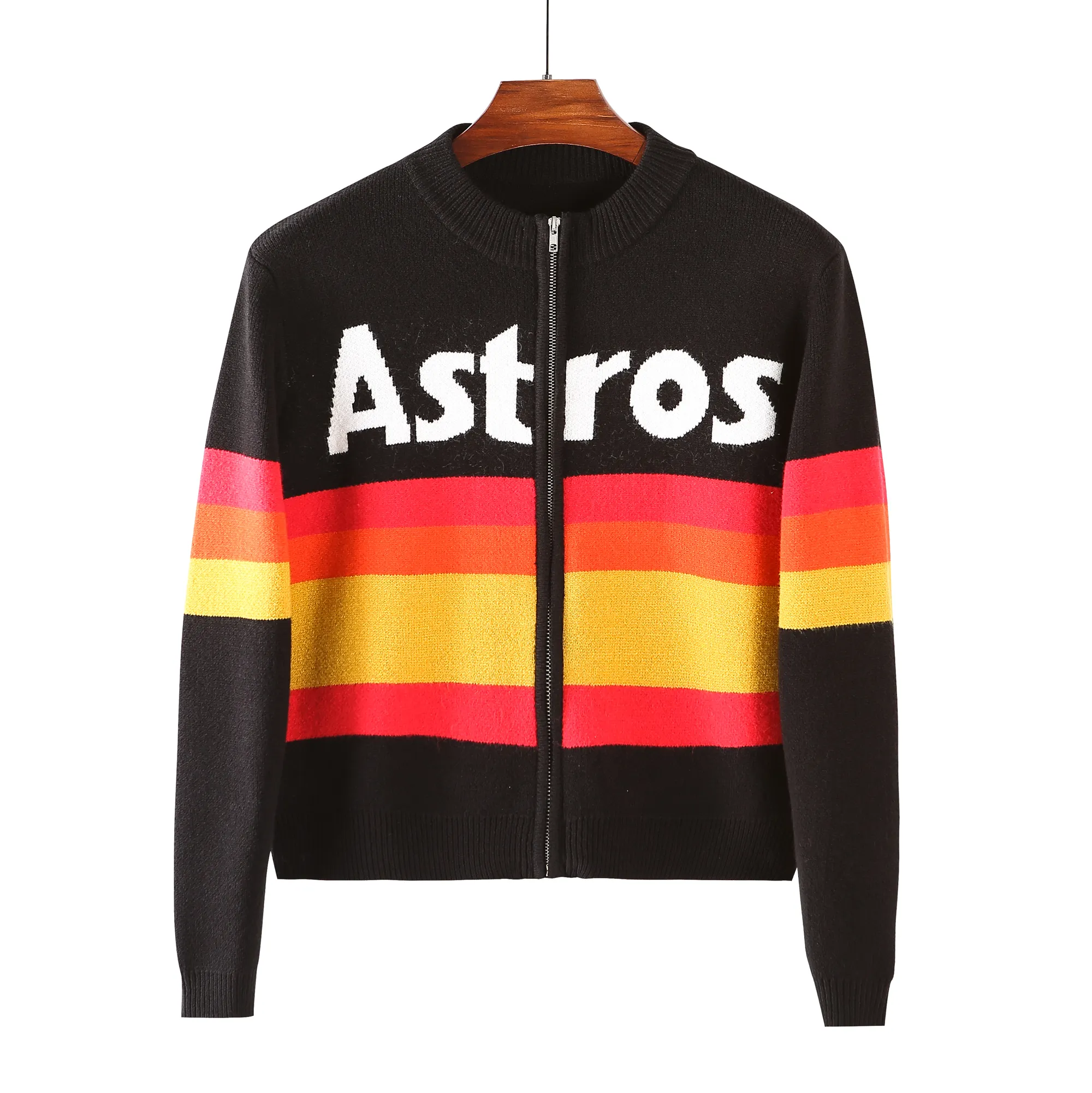 Jaket rajut wanita, rajutan atas pola Astros satu ukuran cocok untuk semua rajutan Stainless Steel ritsleting