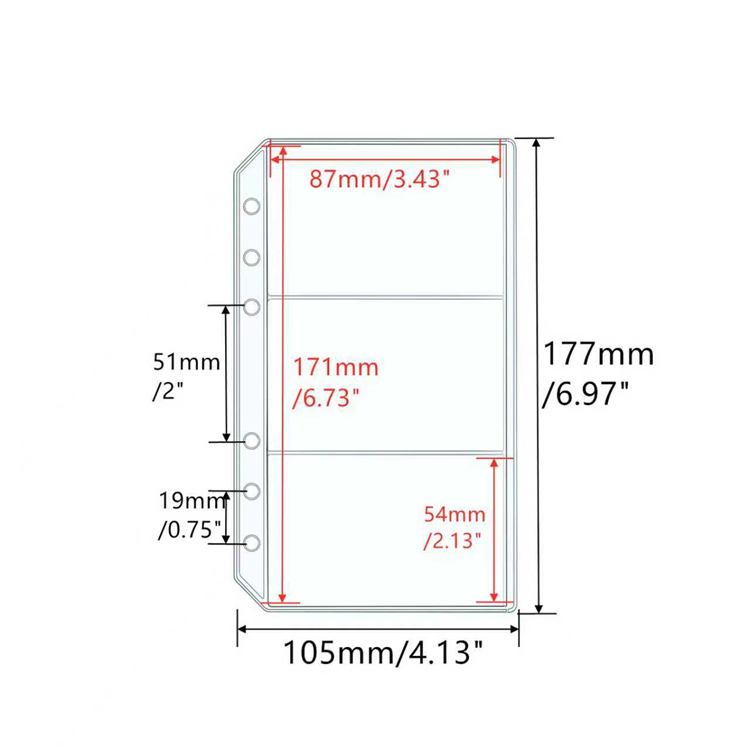 1 Side 3.4"x6.7" 1 Pocket, 1 Side 3.4"x2.1" 3 Pockets