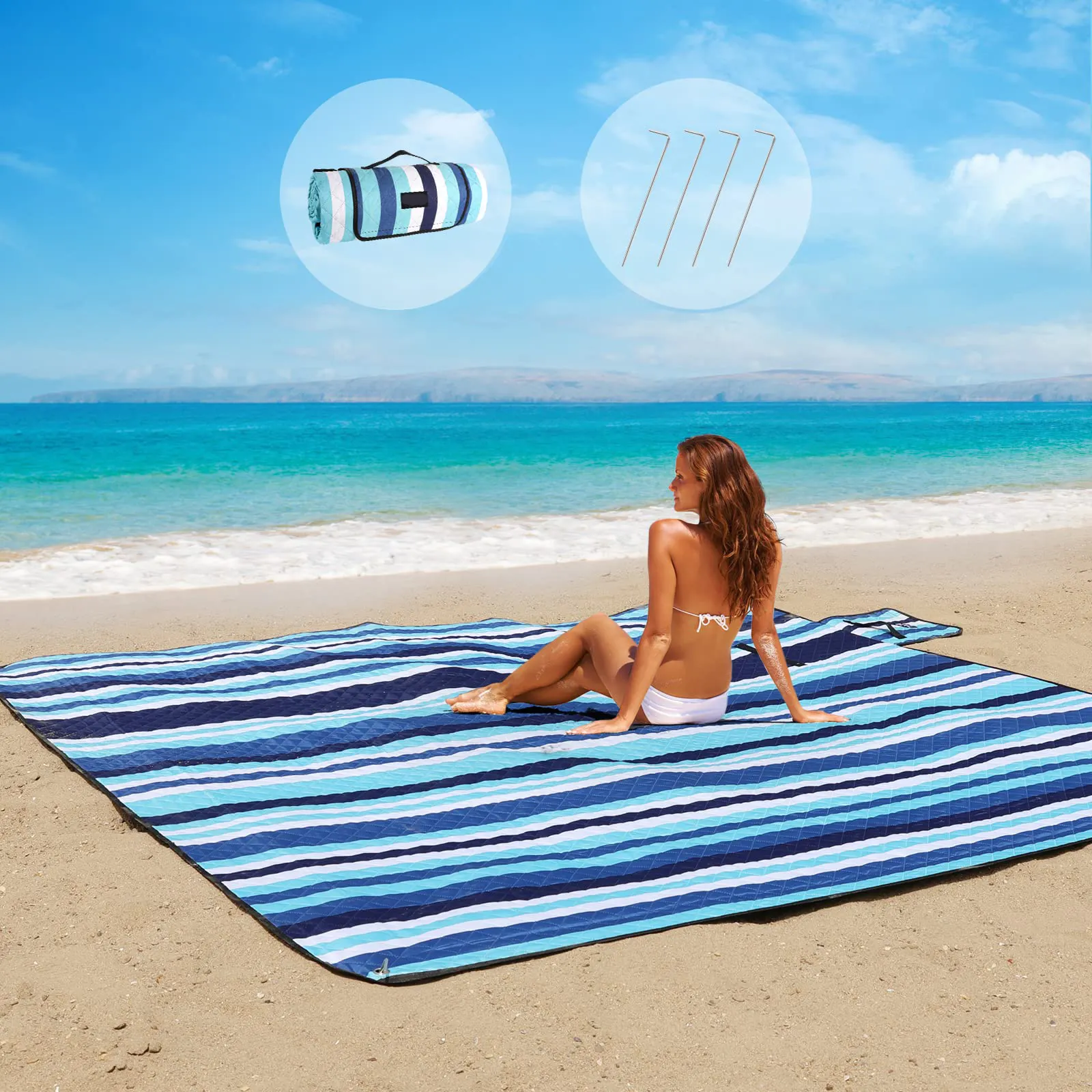 Nuova striscia di Design stampata tappetino da picnic a prova di matsand impermeabile all'aperto coperta da spiaggia portatile con cinturino per la famiglia