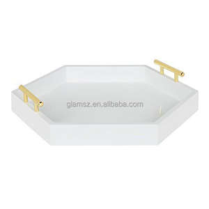 定制白色六边形家庭派对桌透明金色手柄亚克力<span class=keywords><strong>lucite</strong></span>服务托盘