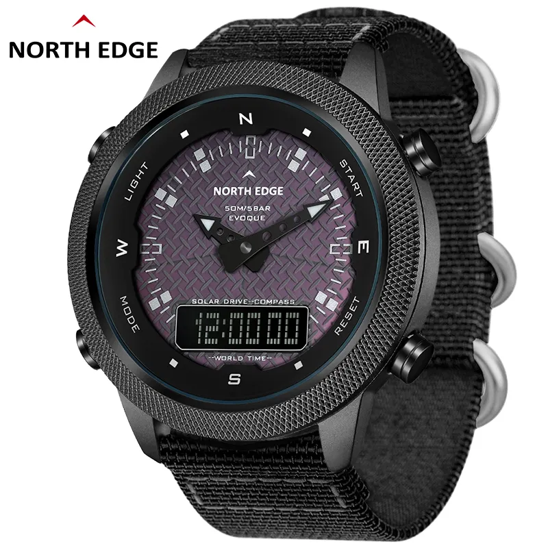 North Edge EVOQUE-reloj inteligente Solar con doble pantalla, correa de cuero, Hora Mundial