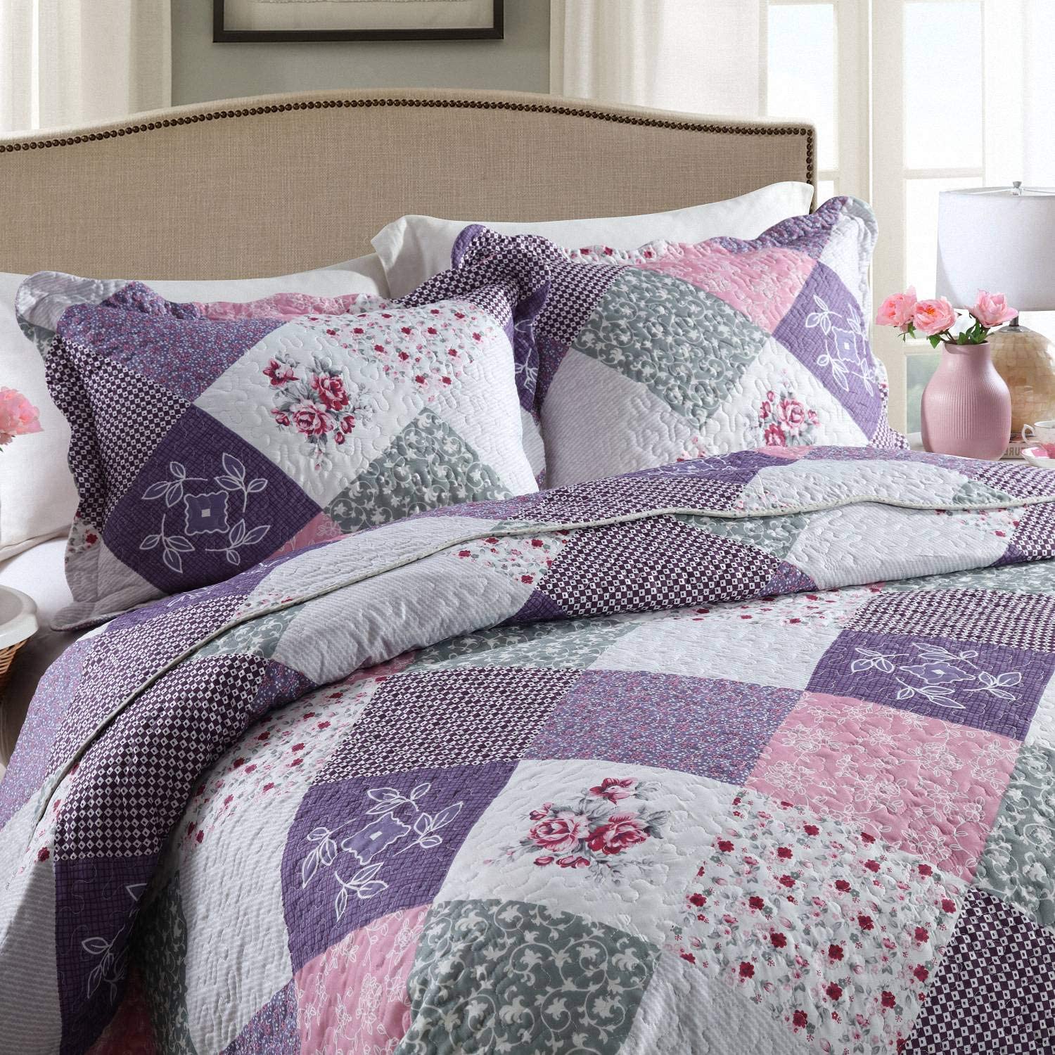 High Quality New Fashion King Size Home Textile Superfine Fiber Checkered Floral Quilt Bedding Set