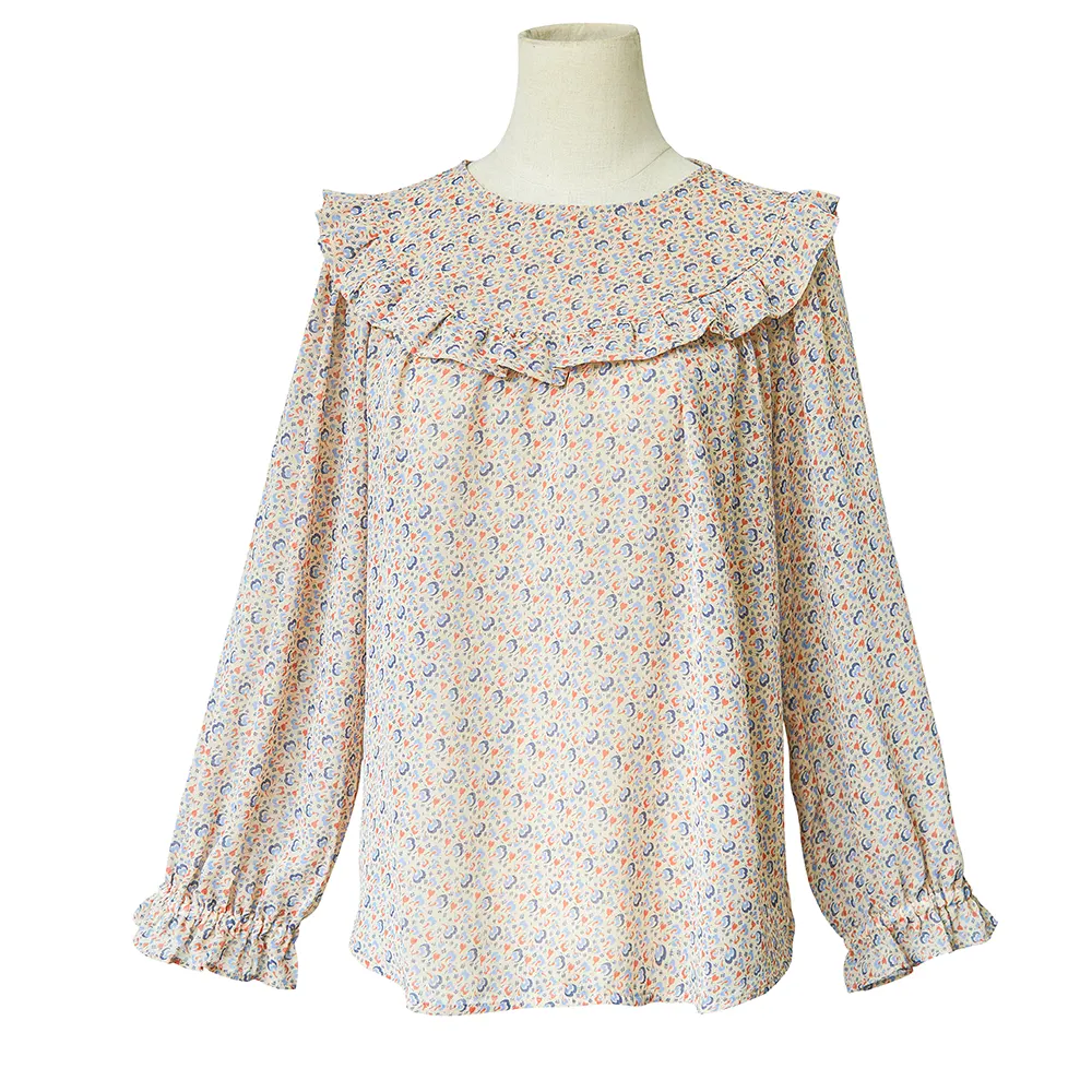 Camisa plissada com babado floral, camisa chiffon elegante, vintage e casual da moda suave, para primavera e outono