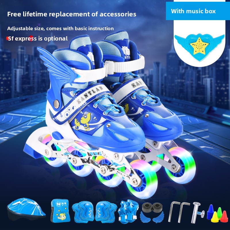 Zapatillas con rueda delantera azul de un solo destello + casco + equipo de protección