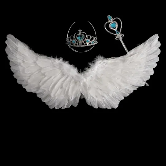Alas de Ángel de plumas de decoración real baratas, juegos de alas de plumas de bebé azul, rosa, negro, blanco, alas de plumas con cinta para manualidades