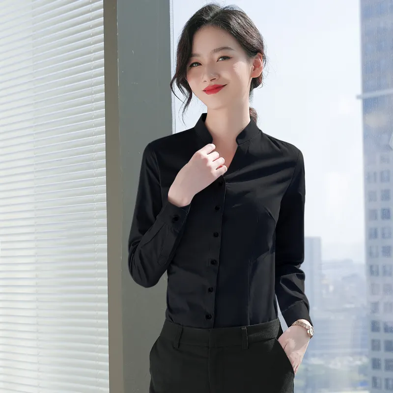 Elegante boa qualidade branco azul cinza preto mulheres camisas blusas e tops elegante camisa formal