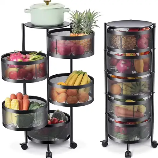 Cestello portaoggetti per frutta e verdura con cestello in rete metallica rotonda per uso domestico di alta qualità con ruote