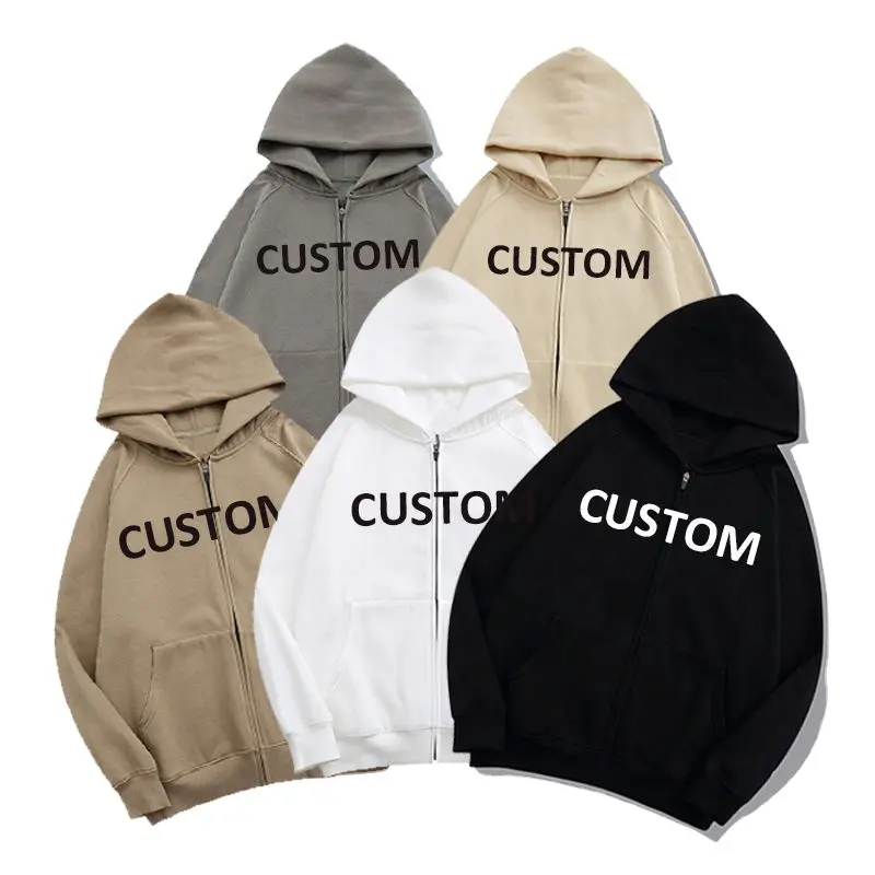 Logotipo personalizado 3D Puff bordado 500Gsm algodón French Terry Heavyweight Plain Pullover Zip Up Sudadera con capucha de los hombres sudaderas con capucha de gran tamaño