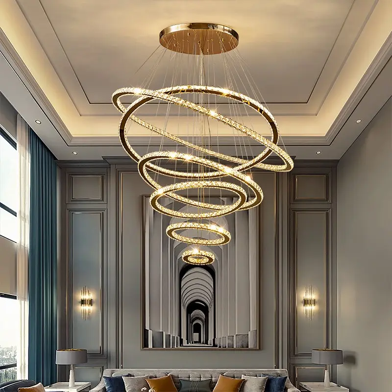 Anelli scala luce a sospensione led dimmerabile grande soggiorno lampada a sospensione soffitti alti moderno oro lusso lampadario in cristallo k9