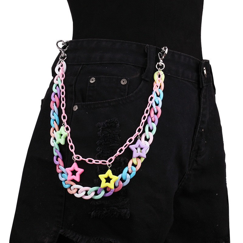 Hebilla metálica en forma de corazón, cadena para pantalón rosa con estrella de cinco puntas.