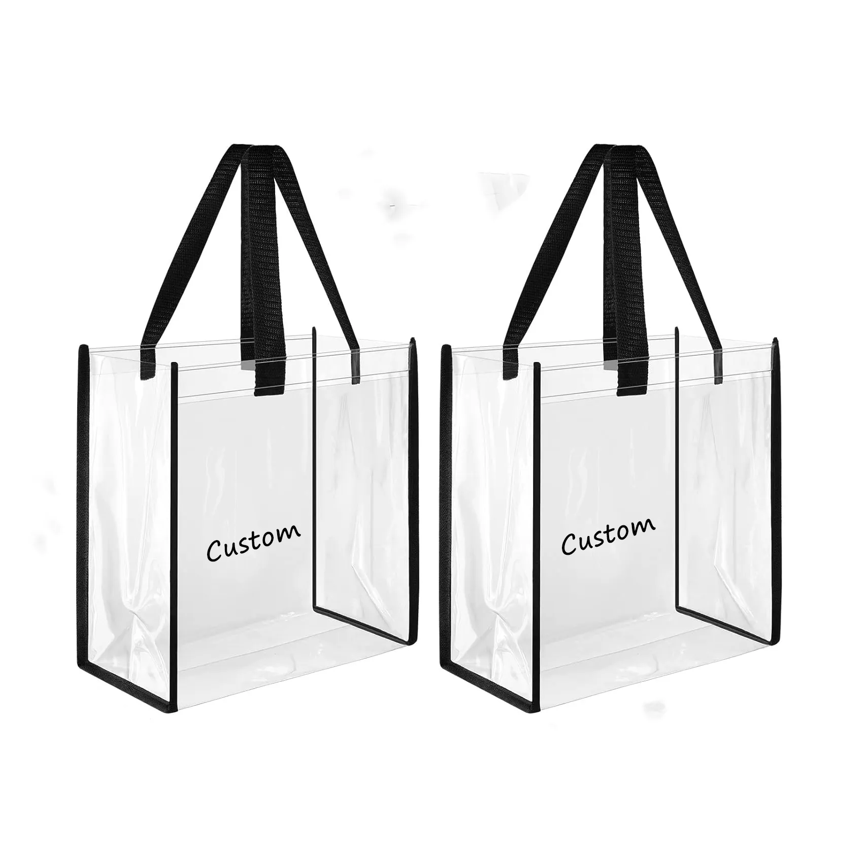 Logotipo personalizado BSCI fábrica produz impermeável dobrável shopping bag UV impresso carsewn borda sacolas sacos de presente do pvc transparente