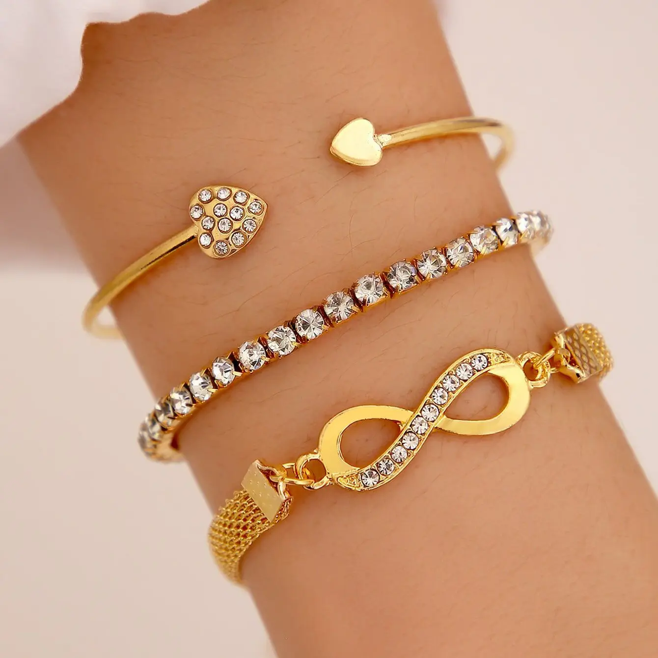 Pulseira de cristal feminina, conjunto de pulseira de bracelete com pingente de diamante, coração, de pêssego, com múltiplas camadas