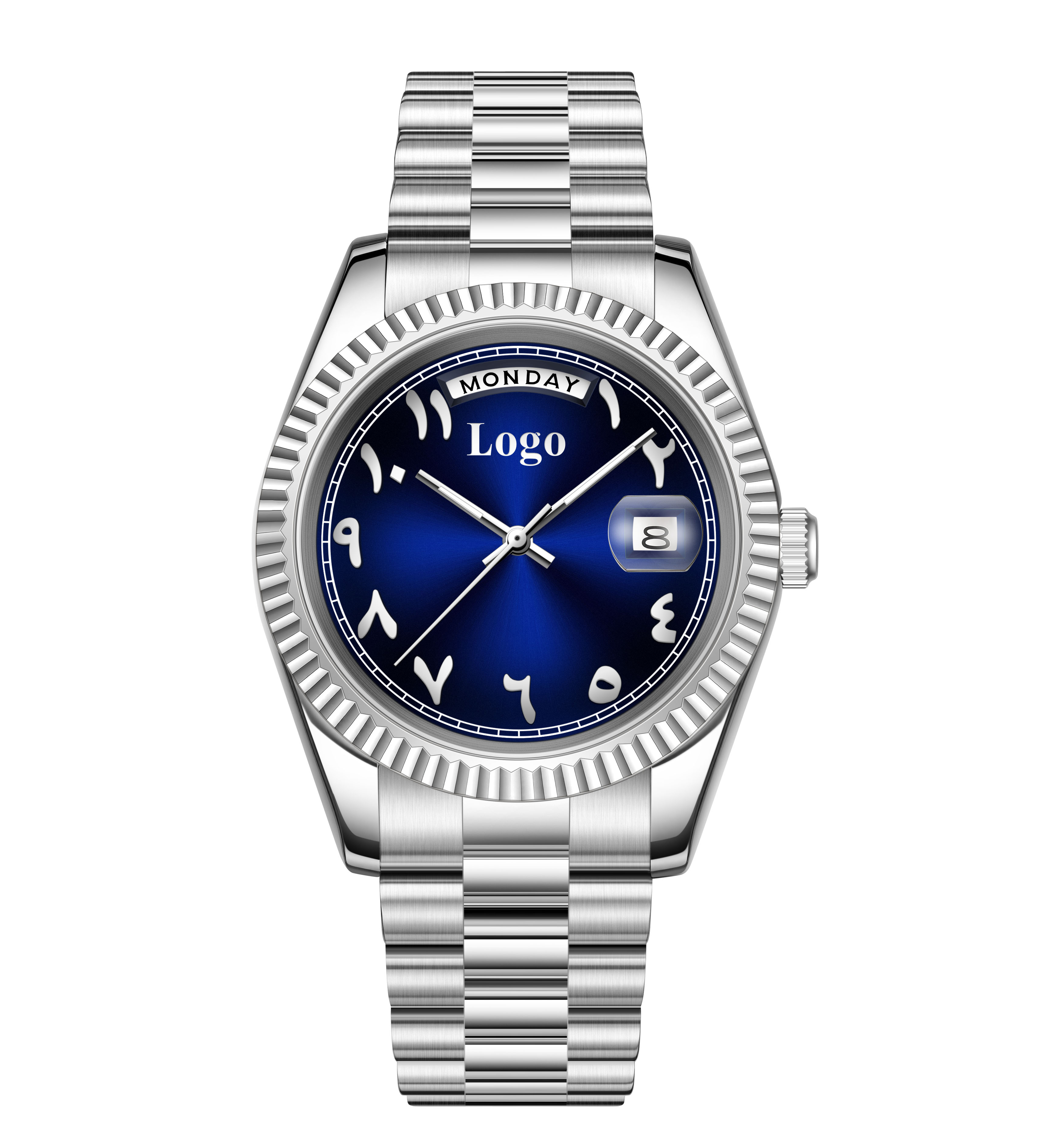 silver black blue dial