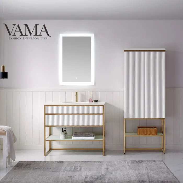 VAMA-mueble de baño de cuarzo blanco brillante para hotel, mueble con estante de vidrio y base de metal ss dorado, 40 pulgadas