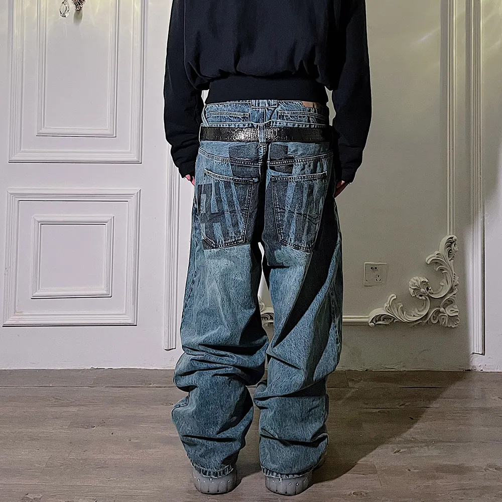 Yüksek kalite özel denim baggy kot baggy kargo PUNK tarzı geniş bacak erkek arkadaşı için streetwear pantolon baskı kot pantolon erkekler