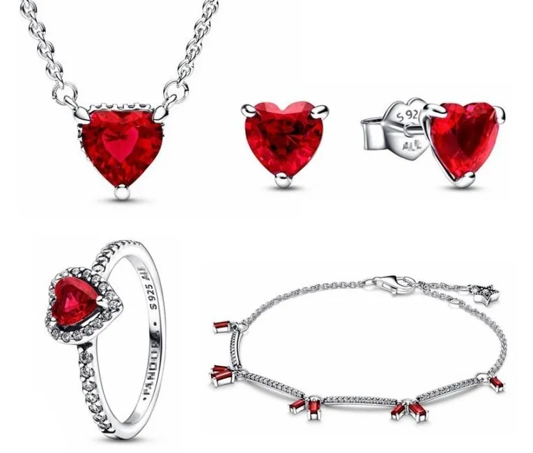 Conjunto de joyería de moda fábrica s925 plata brillante corazón rojo ajuste encanto colgante pulsera Original DIY joyería regalo de mujer