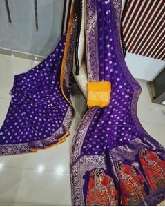 必须购买的节日/婚礼系列纯Banarasi <span class=keywords><strong>Khadi</strong></span>多拉真丝纱丽，配有金色扎里编织和花式流苏