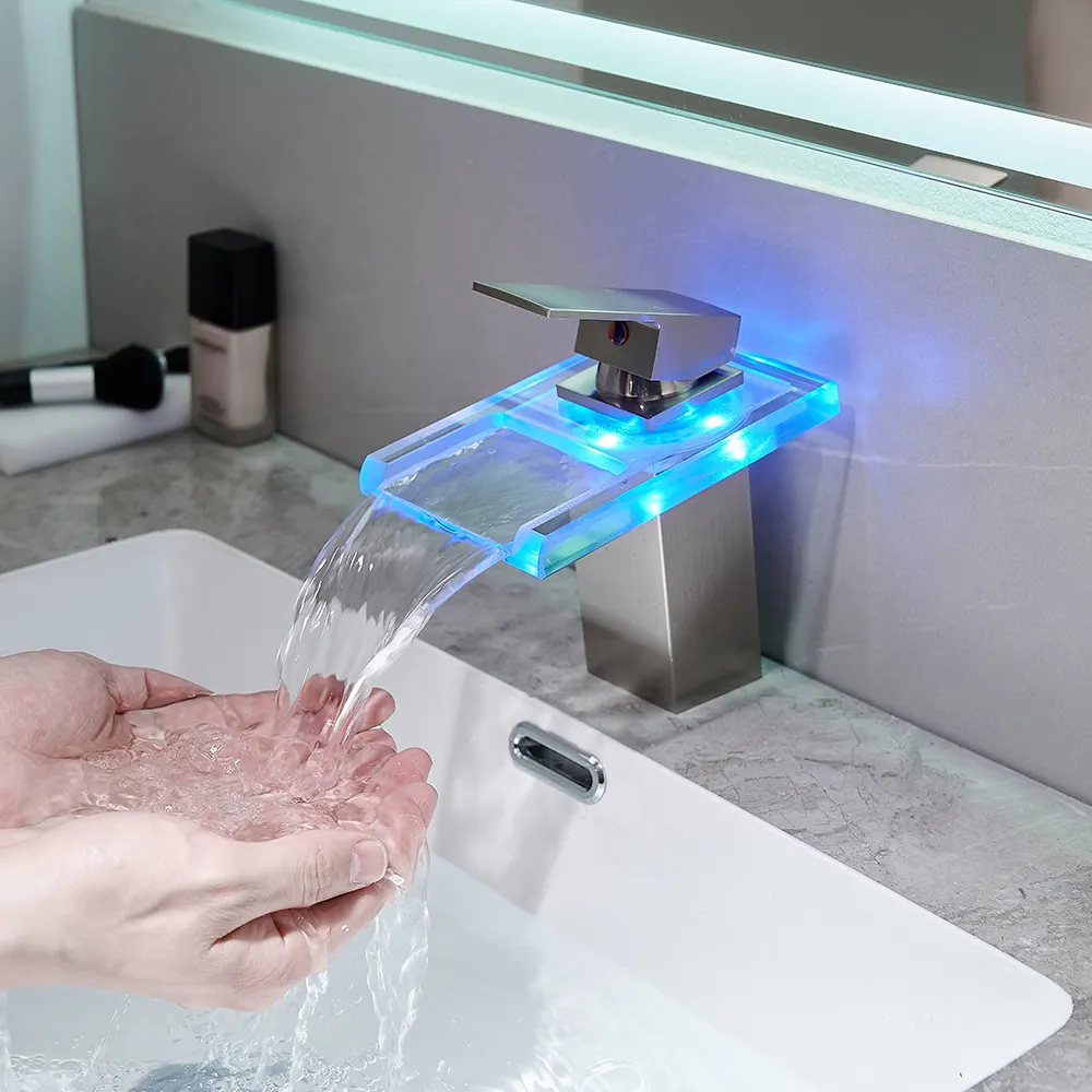 Hot Sale LED Basin Faucet Basin Taps Brush Nickel Glass Corlourful Mixer Taps Bathroom Waterfall Basin Faucet