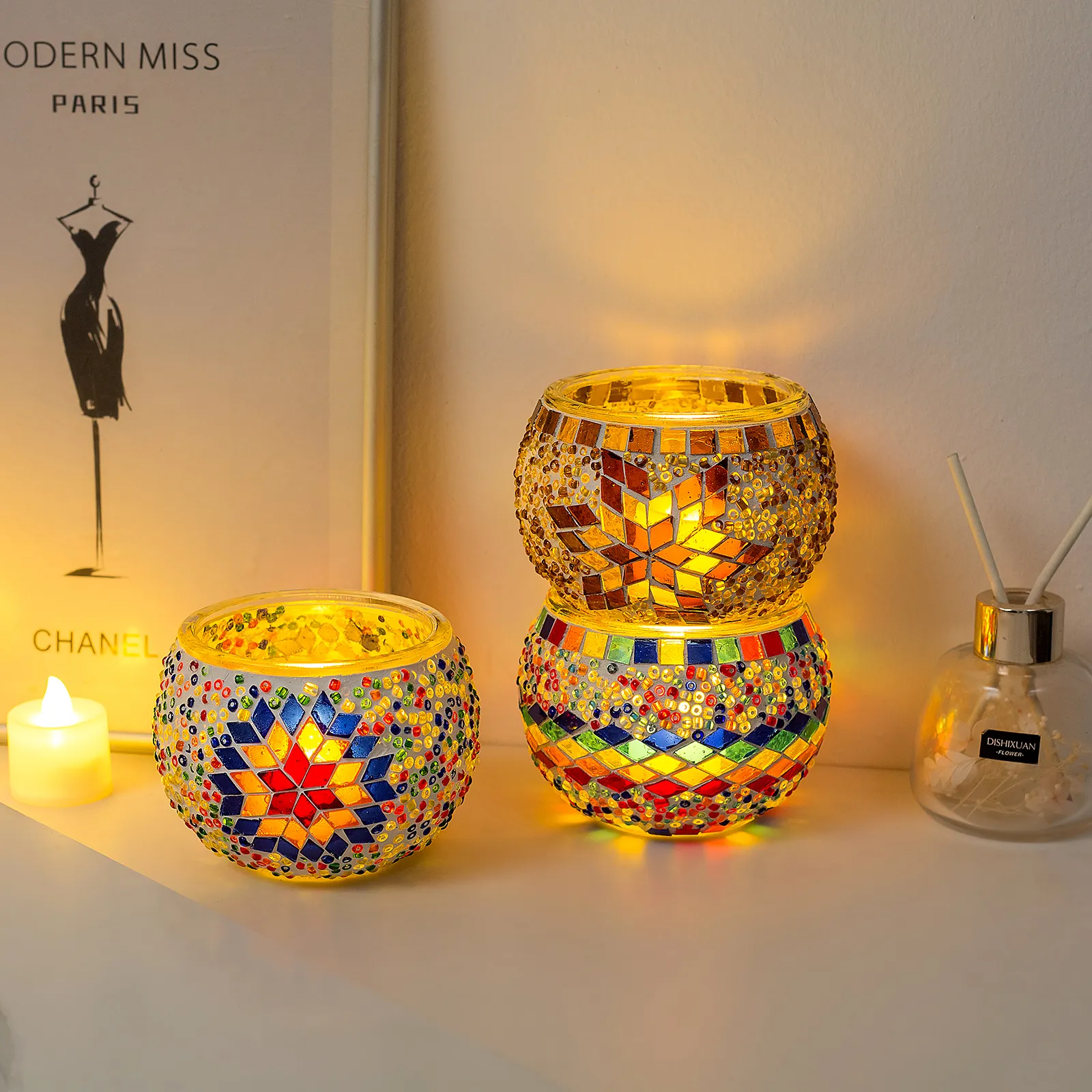 Velas de vela mosaico romântico, suporte de velas para lâmpada de velas rachada à mão
