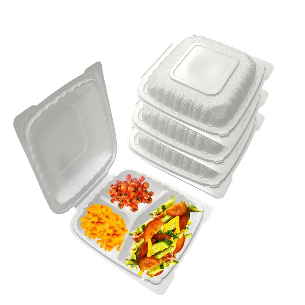Venta al por mayor 3 Compartimentos Microondas PP Plástico Caja de almacenamiento de alimentos Desechables Togo Contenedores de concha