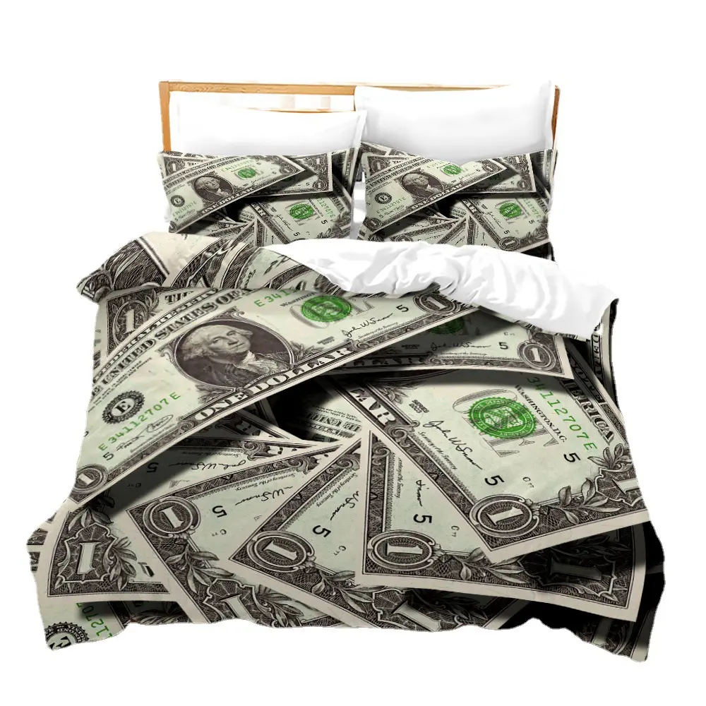 Neuankömmling US-Dollar Design Unisex bedruckte Quilts Bett bezug und Kissen bezug 3 Stück Größe Bettwäsche Tages decke Set
