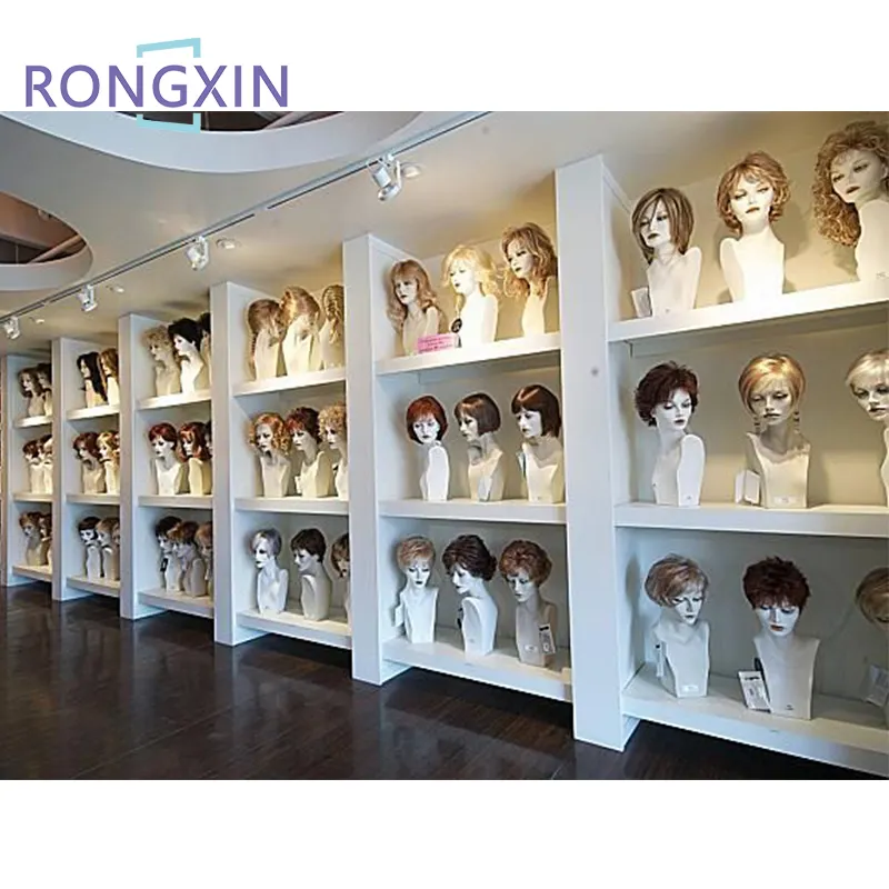 Magasin de beauté Design Extension de cheveux Salon présentoir Mannequin en bois affichage perruque meubles perruque boutique affichage étagère murale